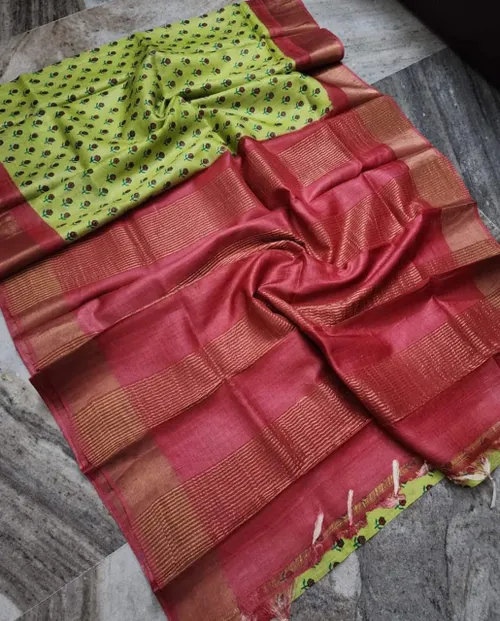 Pure handloom tussar silk with zari border block print with silk mark tag